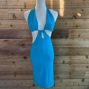 Y2K blue slinky cut-out halter mini dress